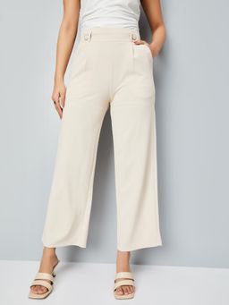 max - Beige Solid Regular Polyester Blend Trouser