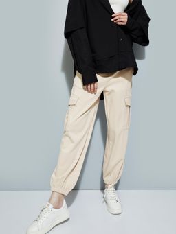 max - Beige Solid Regular Viscose Blend Trouser