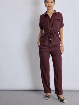 The Label Life - Maroon Solid Straight Polyester Trouser