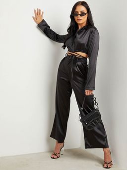 Styli - Black Satin Wrap Top And Wide Leg Pants Co-ord Set (Set of 2)