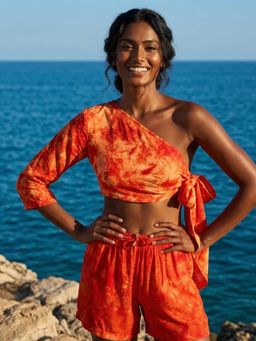 AOBA - Women Orange Tie & Dye Beachwear Top and Shorts (Set of 2)