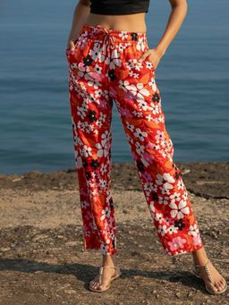 AOBA - Women Red Floral Print Beachwear Pant