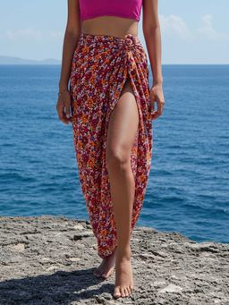 AOBA - Orange Printed Wrap-Around Swim Cover-Up Sarong