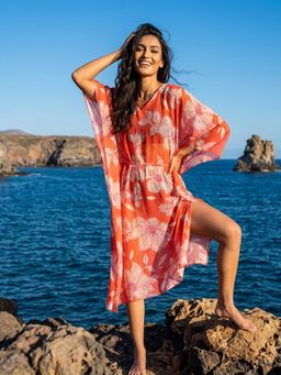 AOBA - Women Orange Flower Print V-Neck Swim Dress