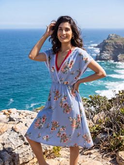 AOBA - Women Blue Printed V-Neck Swimwear Cover-Up Dress