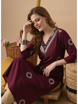 Surhi - Maroon Cotton Printed Embroidered Kurta