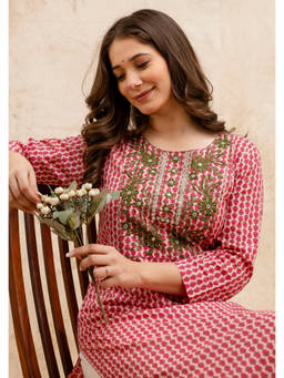 Surhi - Pink Cotton Printed Embroidered Kurta