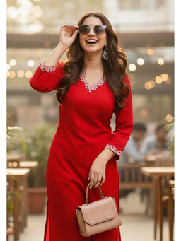 Surhi - Red Cotton Solid Embroidered Kurta