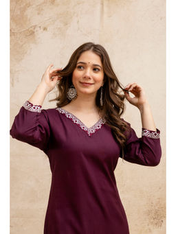 Surhi - Maroon Cotton Solid Embroidered Kurta