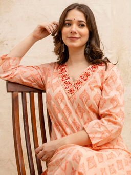 Surhi - Peach Cotton Printed Embroidered Kurta