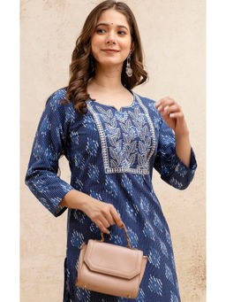 Surhi - Navy Blue Cotton Printed Embroidered Kurta