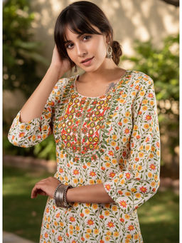 Surhi - Multi-Color Cotton Printed Embroidered Kurta