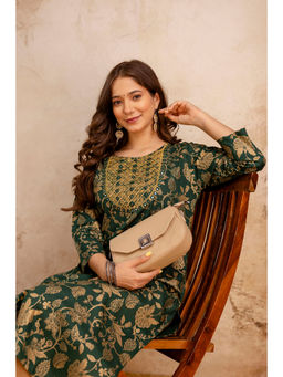 Surhi - Green Cotton Printed Mirror Work Kurta