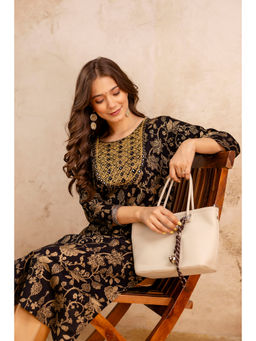Surhi - Black Cotton Printed Mirror Work Kurta