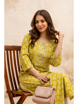 Surhi - Olive Cotton Floral Printed Embroidered Kurta
