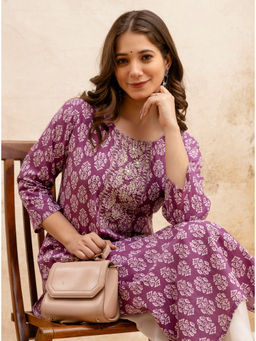 Surhi - Purple Cotton Floral Printed Embroidered Kurta