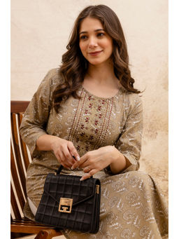 Surhi - Beige Cotton Floral Printed Embroidered Kurta