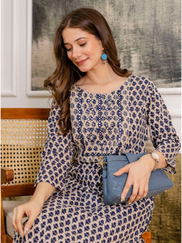Surhi - Navy Blue Cotton Printed Mirror Work Kurta
