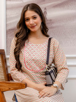 Surhi - Pink Cotton Floral Printed Mirror Work Kurta