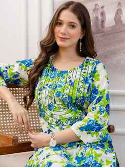 Surhi - Multi-Color Cotton Floral Printed Mirror Work Kurta