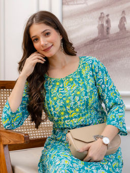 Surhi - Teal Cotton Floral Printed Embroidered Kurta