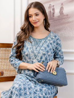 Surhi - Blue Cotton Floral Printed Mirror Work Kurta