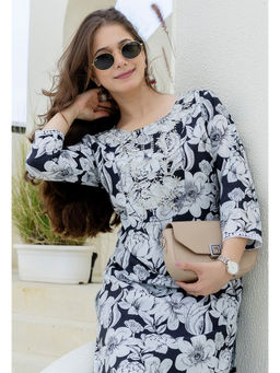 Surhi - Black Cotton Floral Printed Embroidered Kurta
