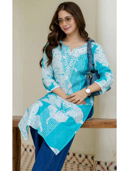 Surhi - Blue Cotton Floral Printed Embroidered Kurta
