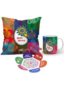 Indigifts - Best Sis Quote Cushion 12x12 inch with filler, Ceramic Mug 320ml, Gift for Rakhi