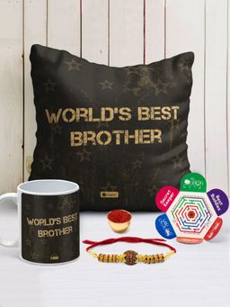 Indigifts - Worlds Best Brother Cushion Cover with Filler 12x12 inch, Ceramic Mug 320ml, Rakhi