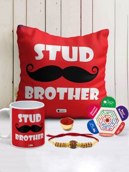 Indigifts - Stud Brother Cushion Cover with Filler 12x12 inch, Ceramic Mug 320ml, Rakhi