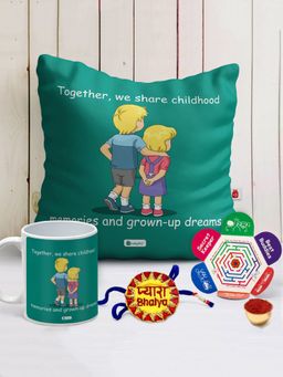 Indigifts - Together We Share Childhood Memories Cushion Cover with Filler, Mug 320ml, Rakhi