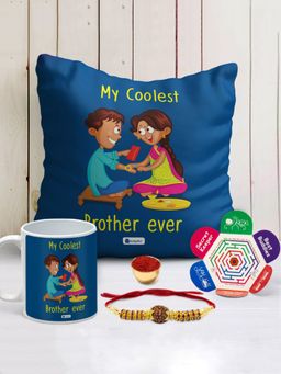 Indigifts - Bless To Have Bhaiya Quote Cushion Cover with Filler 12x12 inch, Ceramic Mug 320ml, Rakhi
