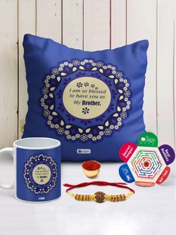Indigifts - Bless To Have Bhaiya Quote Cushion Cover with Filler 12x12 inch, Ceramic Mug 320ml, Rakhi