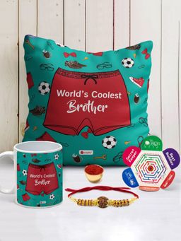 Indigifts - Coolest Brother Cushion Cover with Filler 12x12 inch, Ceramic Mug 320ml, Rakhi