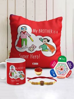 Indigifts - My Brother is super Hero Cushion Cover with Filler 12x12 inch, Ceramic Mug 320ml, Rakhi
