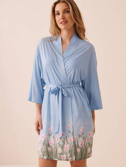 La Vie En Rose - Blue Flower Field Print Robe with Belt