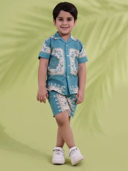 AJ Dezines - Teal Cream Half Sleeves Abstract Printed Boys Co-Ords