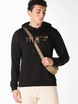 Jack & Jones - Men Black Graphic Print Hooded Sweatshirt