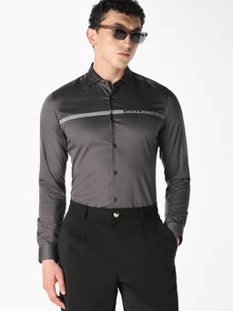 Jack & Jones - Men Grey Logo Print Cotton Casual Shirt