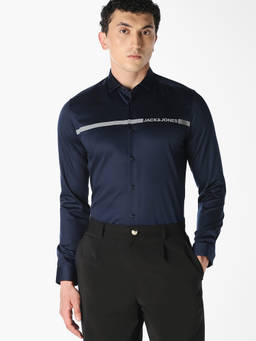 Jack & Jones - Men Navy Blue Logo Print Cotton Casual Shirt
