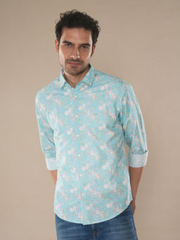 Crocodile - Men Turquoise Regular Fit Floral Printed Shirt