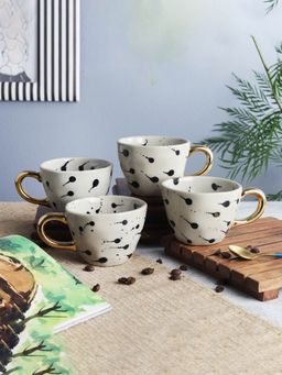 The Decor Mart - Bohemic Black Strokes On White Ceramic Coffee Mug with Golden Handle - Set of 4