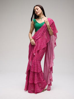 Gajra Gang - Pink Georgette Bandhani Ruffle Saree Casa Mexicana