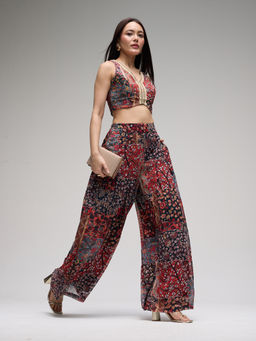 Gajra Gang - Rust Georgette Print Crop Top & Pant Eatern Souk Set of 2