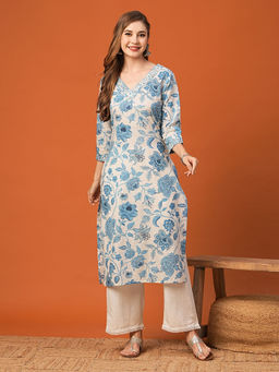 FASHOR - White Floral Printed Embroidered Kurta