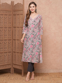 FASHOR - Grey Floral Printed and Embroidered Kurta