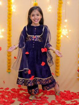 BownBee - Wedding Blue Velvet Jacquard Kurta with Palazzo and Dupatta (Set of 3)