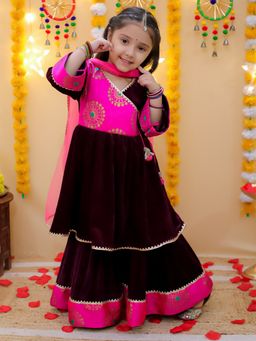 BownBee - Wedding Purple Velvet Jacquard Kurta and Sharara with Dupatta (Set of 3)