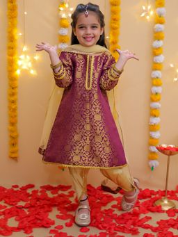 BownBee - Wedding Purple Jacquard Kurta and Dhoti with Dupatta (Set of 3)